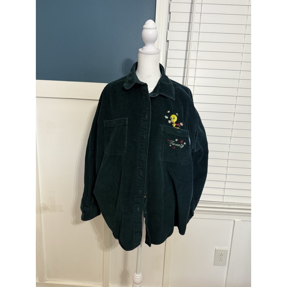 Looney Tunes Tweety Corduroy Shirt XL Dark Green Embroidered Button-Up